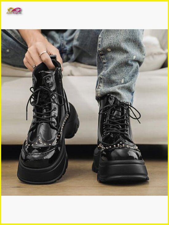 Men\'s Patent Leather Rivet Platform Motorcycle Boots with Side Zipper Fashion